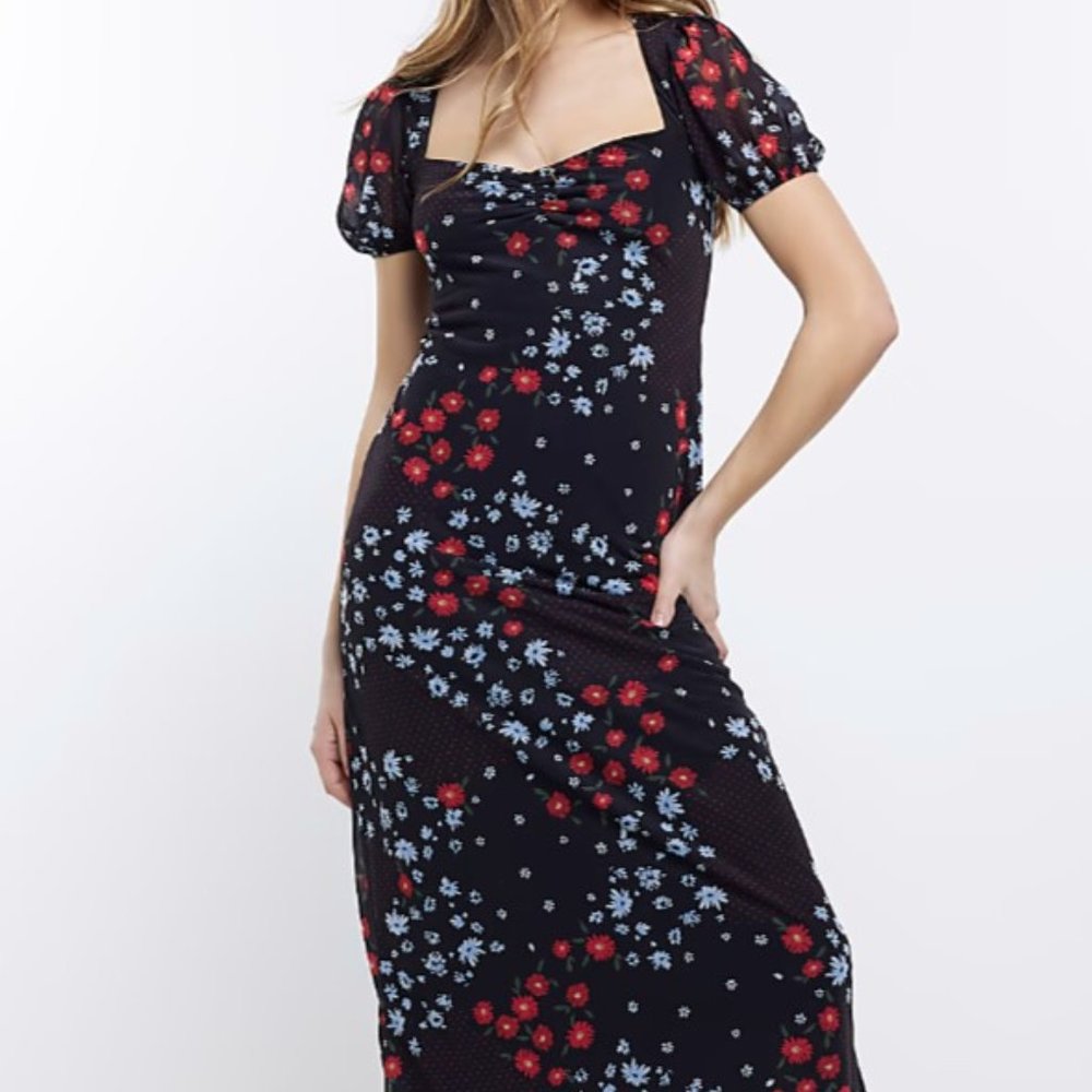 NWT River Island BLACK FLORAL PUFF SLEEVE MIDI DRESS